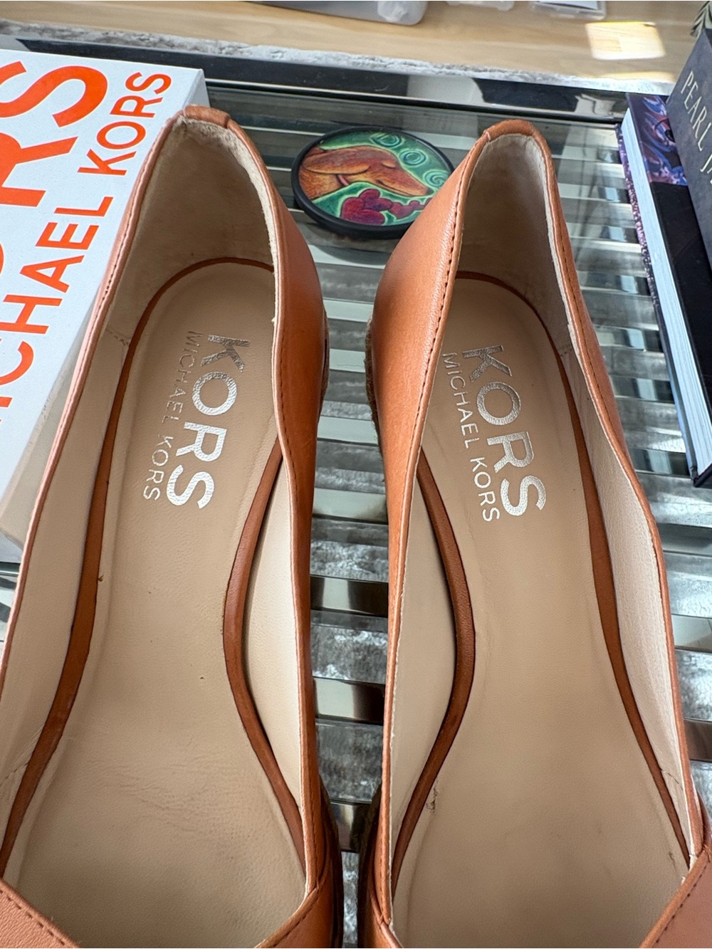 Michael Kors Cognac Leather size 10 M luggage Peep-Toe Espadrille Wedges - Picture 2 of 6